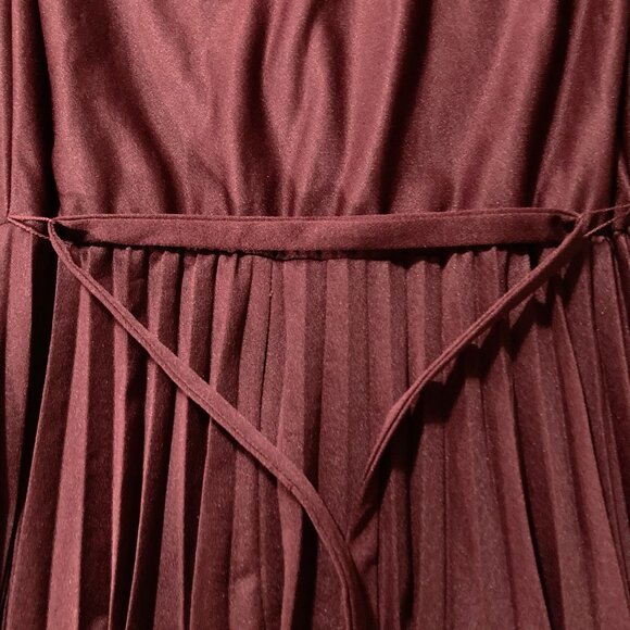 SEARS Vintage maroon short-sleeve sheer pleated dress w/ tie waist MEDIUM LARGE - Picture 6 of 12